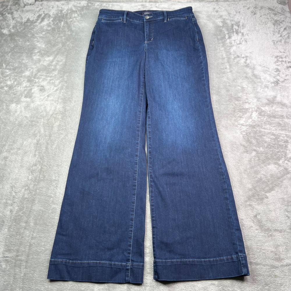 NYDJ Wide Leg Jeans Womens 10 Dark Wash Blue Stretch Denim Trouser High Rise